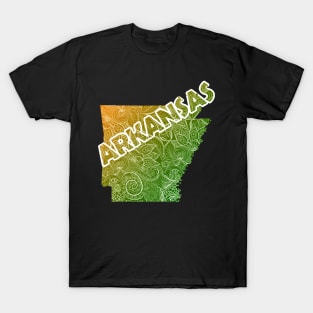 Colorful mandala art map of Arkansas with text in green and orange T-Shirt